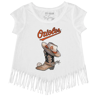 Girls Youth Tiny Turnip White Baltimore Orioles Cowboy Boot Fringe T-Shirt