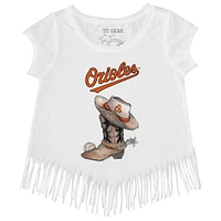 Girls Youth Tiny Turnip White Baltimore Orioles Cowboy Boot Fringe T-Shirt