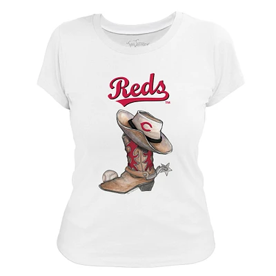 Women's Tiny Turnip White Cincinnati Reds Cowboy Boot T-Shirt