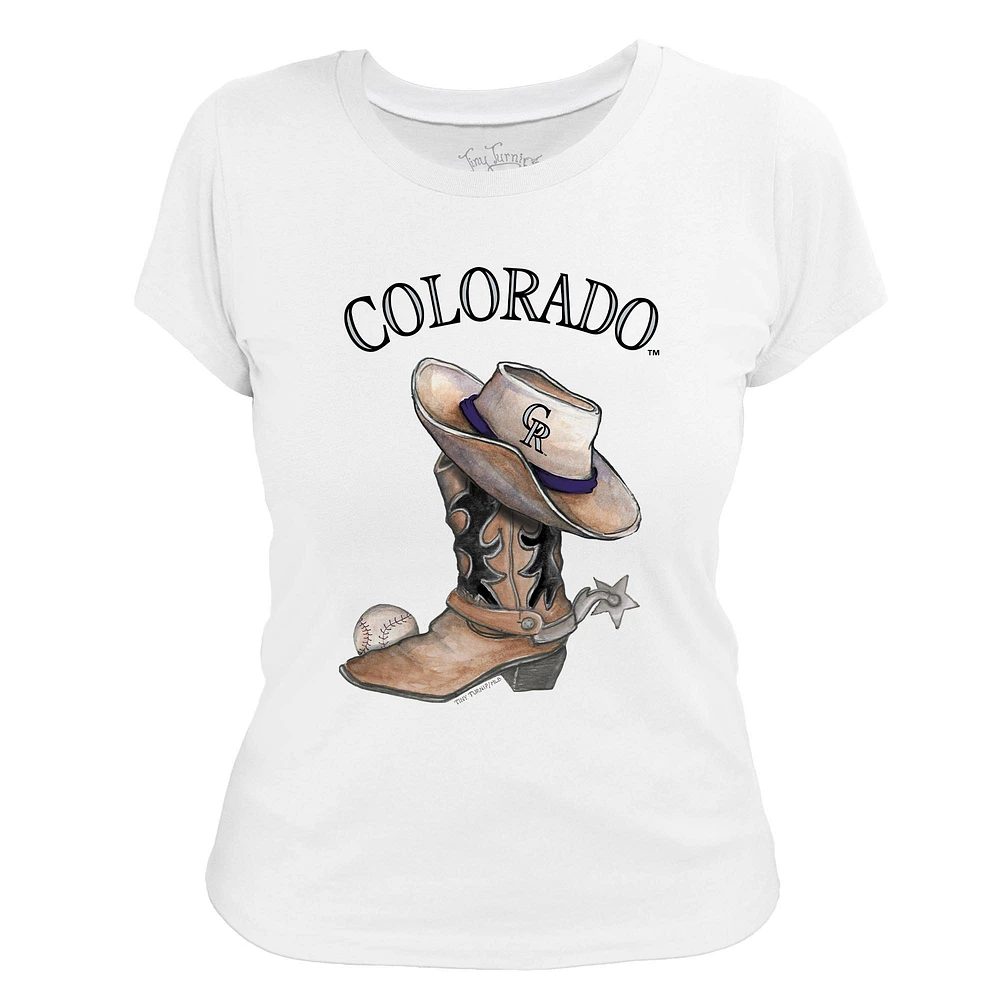 Women's Tiny Turnip White Colorado Rockies Cowboy Boot T-Shirt