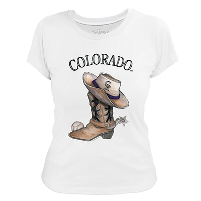 Women's Tiny Turnip White Colorado Rockies Cowboy Boot T-Shirt