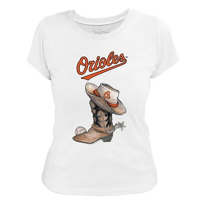 Women's Tiny Turnip White Baltimore Orioles Cowboy Boot T-Shirt