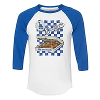 Women's Tiny Turnip White/Royal Los Angeles Dodgers Pizza 3/4-Sleeve Raglan Baseball T-Shirt