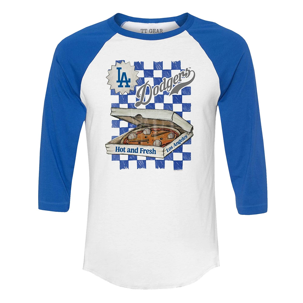 Women's Tiny Turnip White/Royal Los Angeles Dodgers Pizza 3/4-Sleeve Raglan Baseball T-Shirt