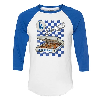 Women's Tiny Turnip White/Royal Los Angeles Dodgers Pizza 3/4-Sleeve Raglan Baseball T-Shirt