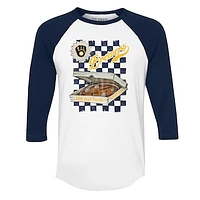 Women's Tiny Turnip White/Navy Milwaukee Brewers Pizza 3/4-Sleeve Raglan Baseball T-Shirt