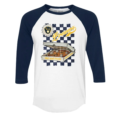 Women's Tiny Turnip White/Navy Milwaukee Brewers Pizza 3/4-Sleeve Raglan Baseball T-Shirt