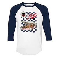 Women's Tiny Turnip White/Navy Minnesota Twins Pizza 3/4-Sleeve Raglan Baseball T-Shirt