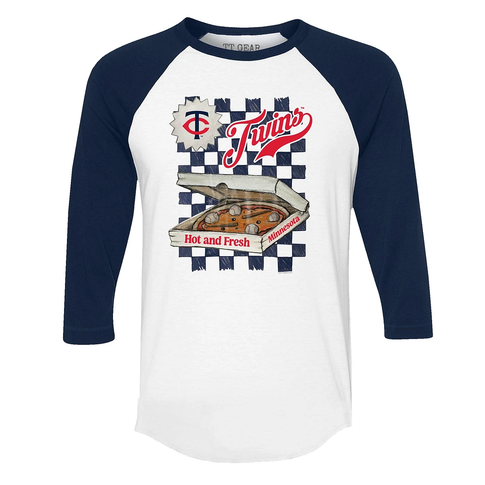 Women's Tiny Turnip White/Navy Minnesota Twins Pizza 3/4-Sleeve Raglan Baseball T-Shirt