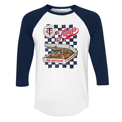 Women's Tiny Turnip White/Navy Minnesota Twins Pizza 3/4-Sleeve Raglan Baseball T-Shirt