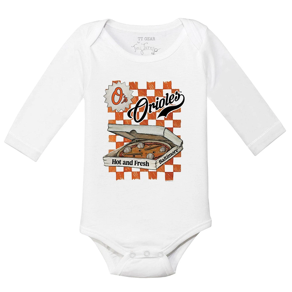 Infant Tiny Turnip White Baltimore Orioles Pizza Long Sleeve Bodysuit