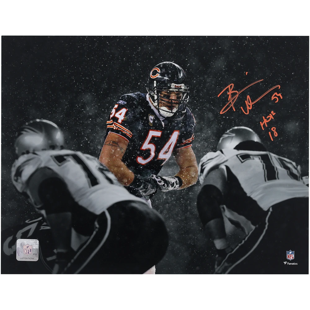 Brian Urlacher Chicago Bears Autographed 11" x 14" Spotlight Snow Photograph with "HOF 18" Inscription