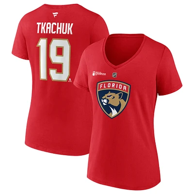 Women's Fanatics Matthew Tkachuk Red Florida Panthers 2025 Stanley Cup Champions Authentic Stack Name & Number V-Neck T-Shirt