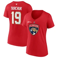 Women's Fanatics Matthew Tkachuk Red Florida Panthers 2025 Stanley Cup Champions Authentic Stack Name & Number V-Neck T-Shirt