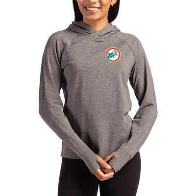 Women's Cutter & Buck Heather Charcoal Miami Dolphins Throwback Logo Adapt Knit Recycled Raglan Pullover Hoodie