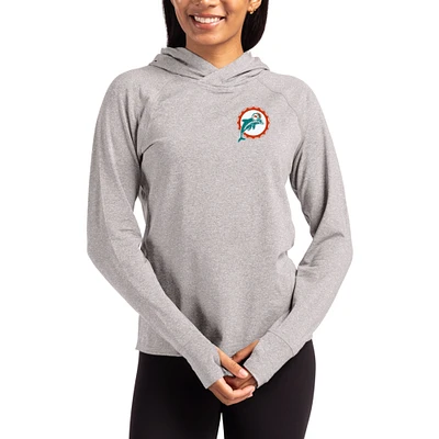 Women's Cutter & Buck Heather Gray Miami Dolphins Throwback Logo Adapt Knit Recycled Raglan Pullover Hoodie