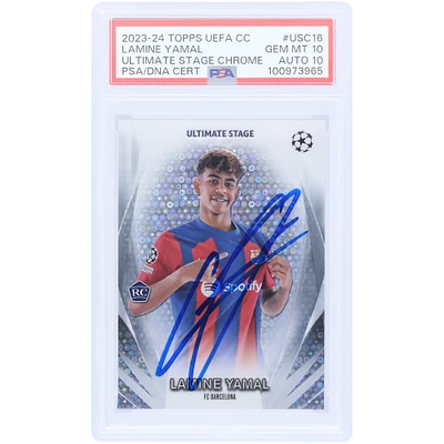 Lamine Yamal Barcelona Autographed 2023-24 Topps Chrome UEFA Ultimate Stage #USC-16 PSA Authenticated 10/10 Rookie Card