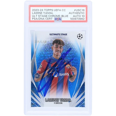 Lamine Yamal Barcelona Autographed 2023-24 Topps Chrome UEFA Ultimate Stage Blue #USC-16 #/150 PSA Authenticated Auto 10 Rookie Card
