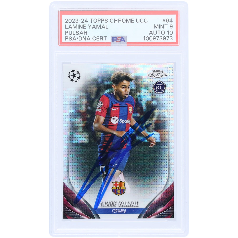 Lamine Yamal Barcelona Autographed 2023-24 Topps Chrome UCC Pulsar #64 PSA Authenticated 9/10 Rookie Card
