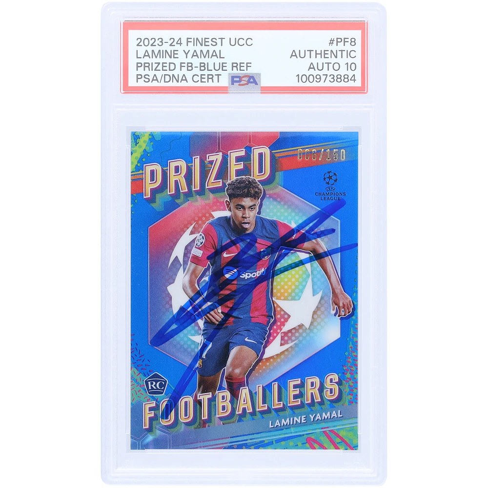Lamine Yamal Barcelona Autographed 2023-24 Topps Finest UCC Prized Footballer Blue Refractor #PF-8 #/150 PSA Authenticated Auto 10 Rookie Card