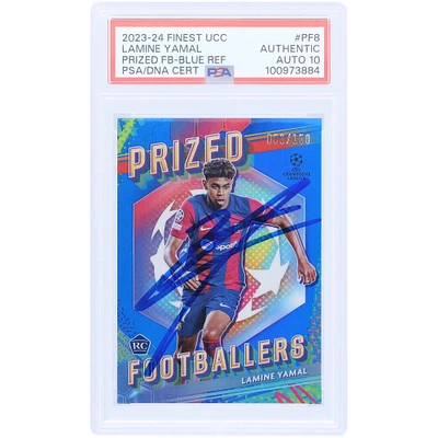 Lamine Yamal Barcelona Autographed 2023-24 Topps Finest UCC Prized Footballer Blue Refractor #PF-8 #/150 PSA Authenticated Auto 10 Rookie Card