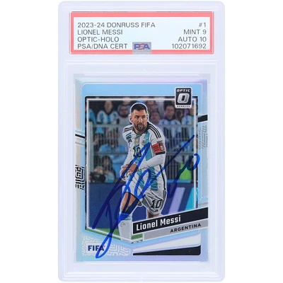 Lionel Messi Argentina National Team Autographed 2023-24 Panini Donruss FIFA Optic Holo #1 PSA Authenticated 9/10 Card
