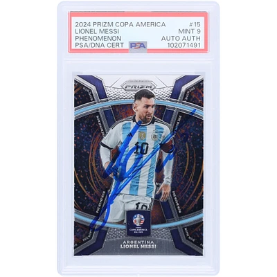 Lionel Messi Argentina National Team Autographed 2024 Panini Prizm Copa America Phenomenon #15 PSA Authenticated Mint 9 Card