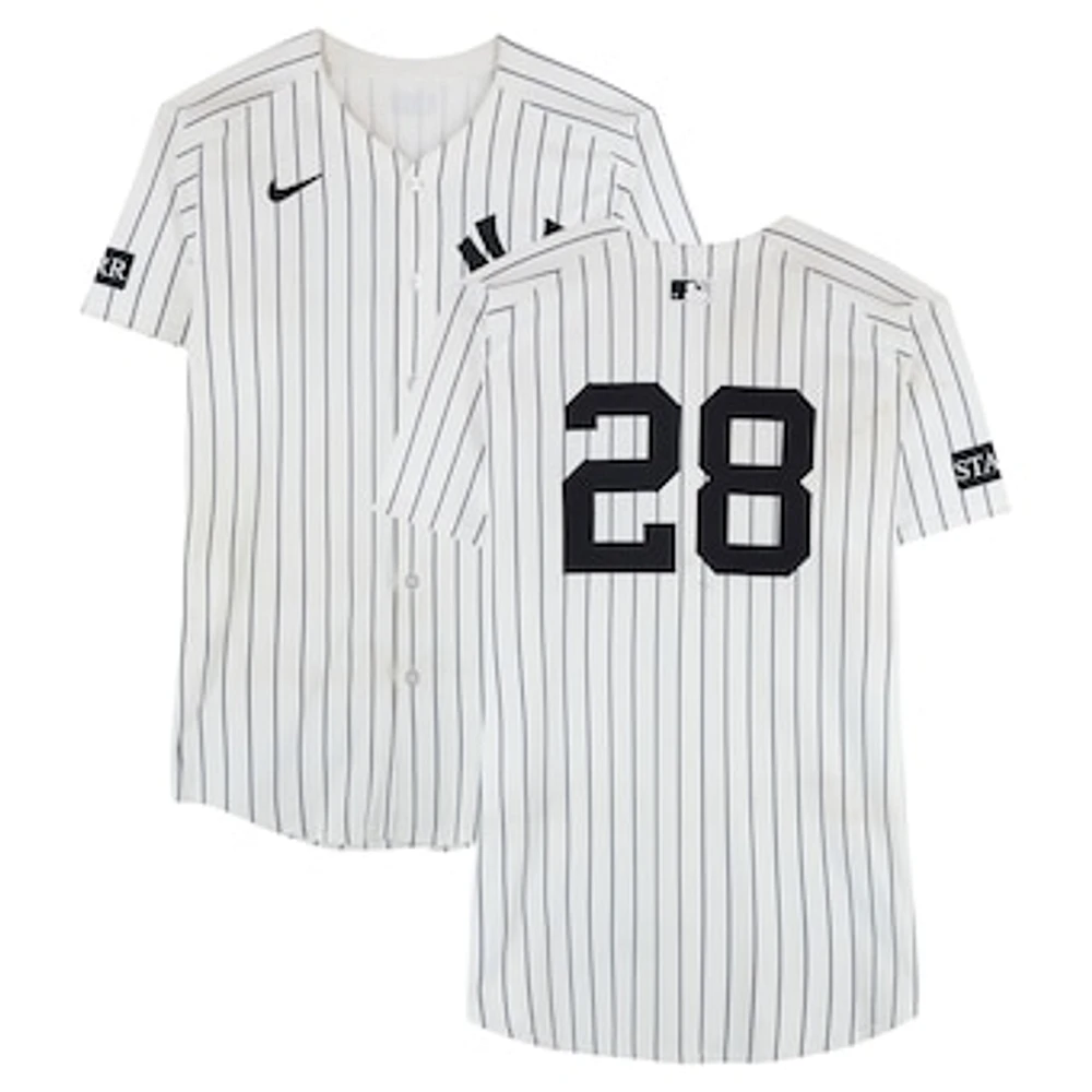 Austin Wells New York Yankees Game-Used #28 White Nike Pinstripe Jersey vs. San Diego Padres on May 6, 2025 - 2-4, HR, 5 RBI, 2 R
