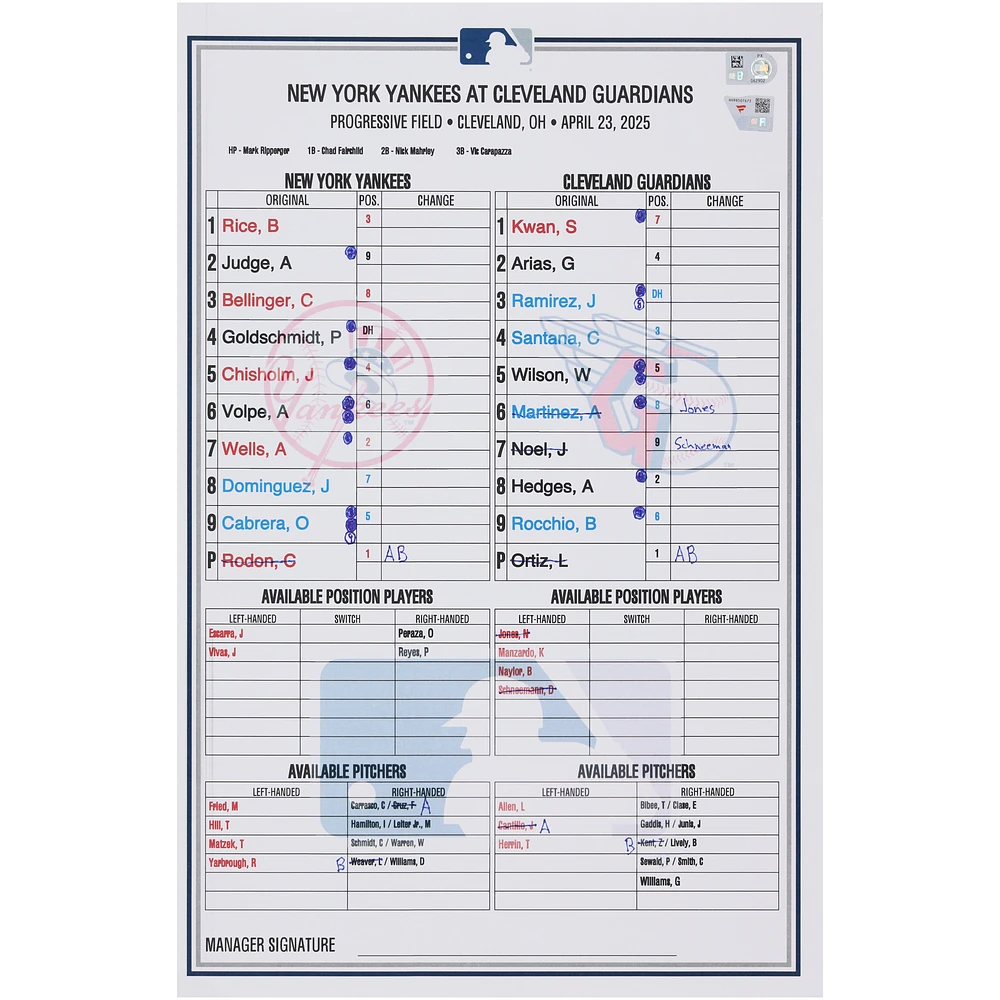 New York Yankees Game-Used Lineup Card vs. Cleveland Guardians on April 23, 2025