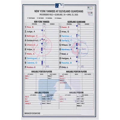New York Yankees Game-Used Lineup Card vs. Cleveland Guardians on April 23, 2025