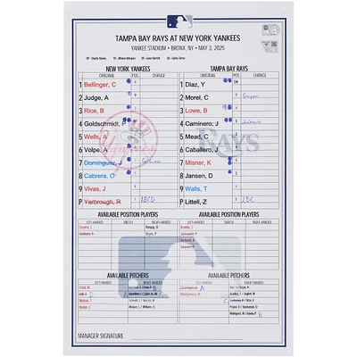New York Yankees Game-Used Lineup Card vs. Tampa Bay Rays on May 3, 2025
