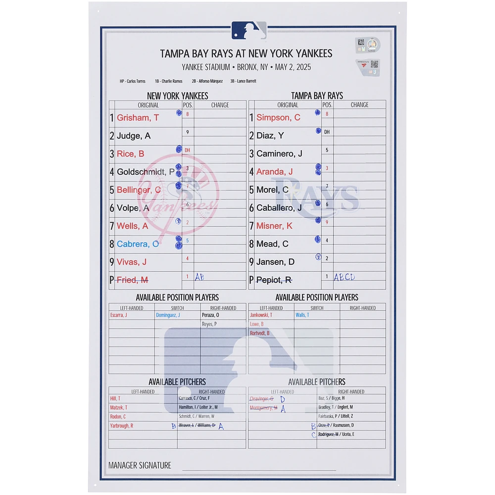 New York Yankees Game-Used Lineup Card vs. Tampa Bay Rays on May 2, 2025