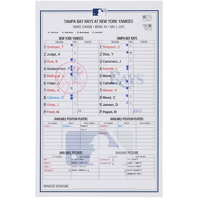 New York Yankees Game-Used Lineup Card vs. Tampa Bay Rays on May 2, 2025