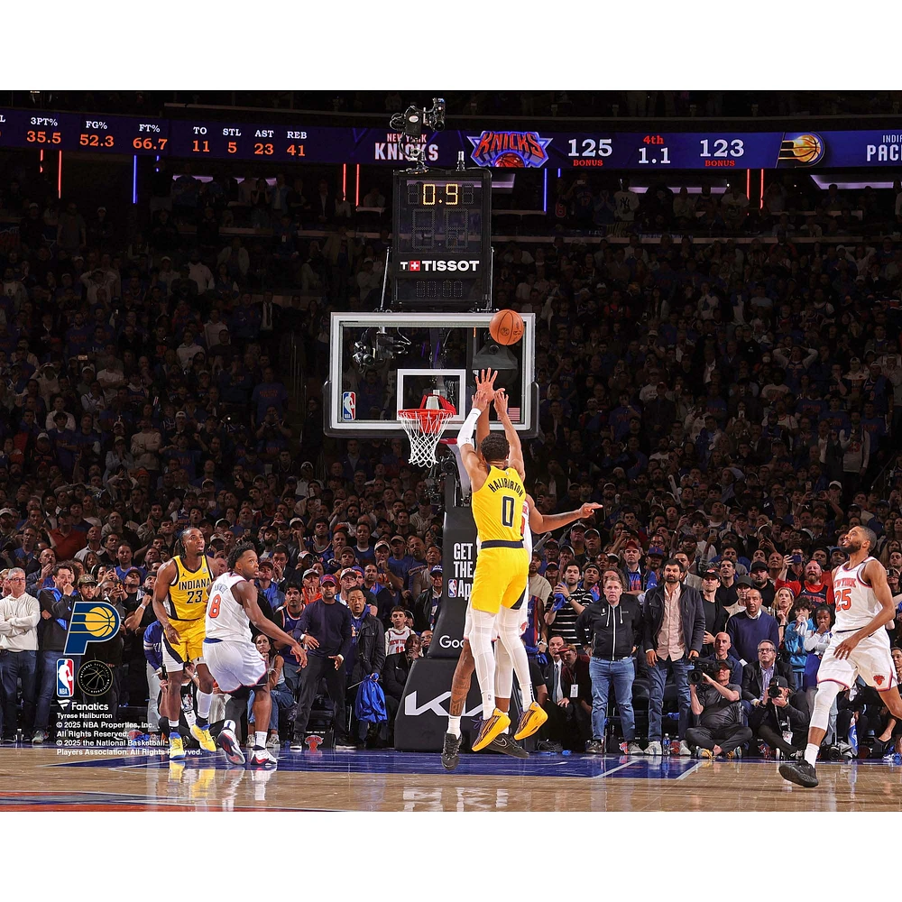 Tyrese Haliburton Indiana Pacers Unsigned 2025 Eastern Conference Finals Game 1 vs. New York Knicks Game-Tying Shot Photograph