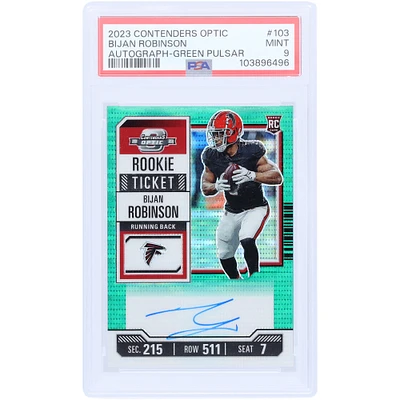 Bijan Robinson Atlanta Falcons Autographed 2023 Panini Contenders Optic Green Pulsar #103 #17/30 PSA Authenticated 9 Rookie Card