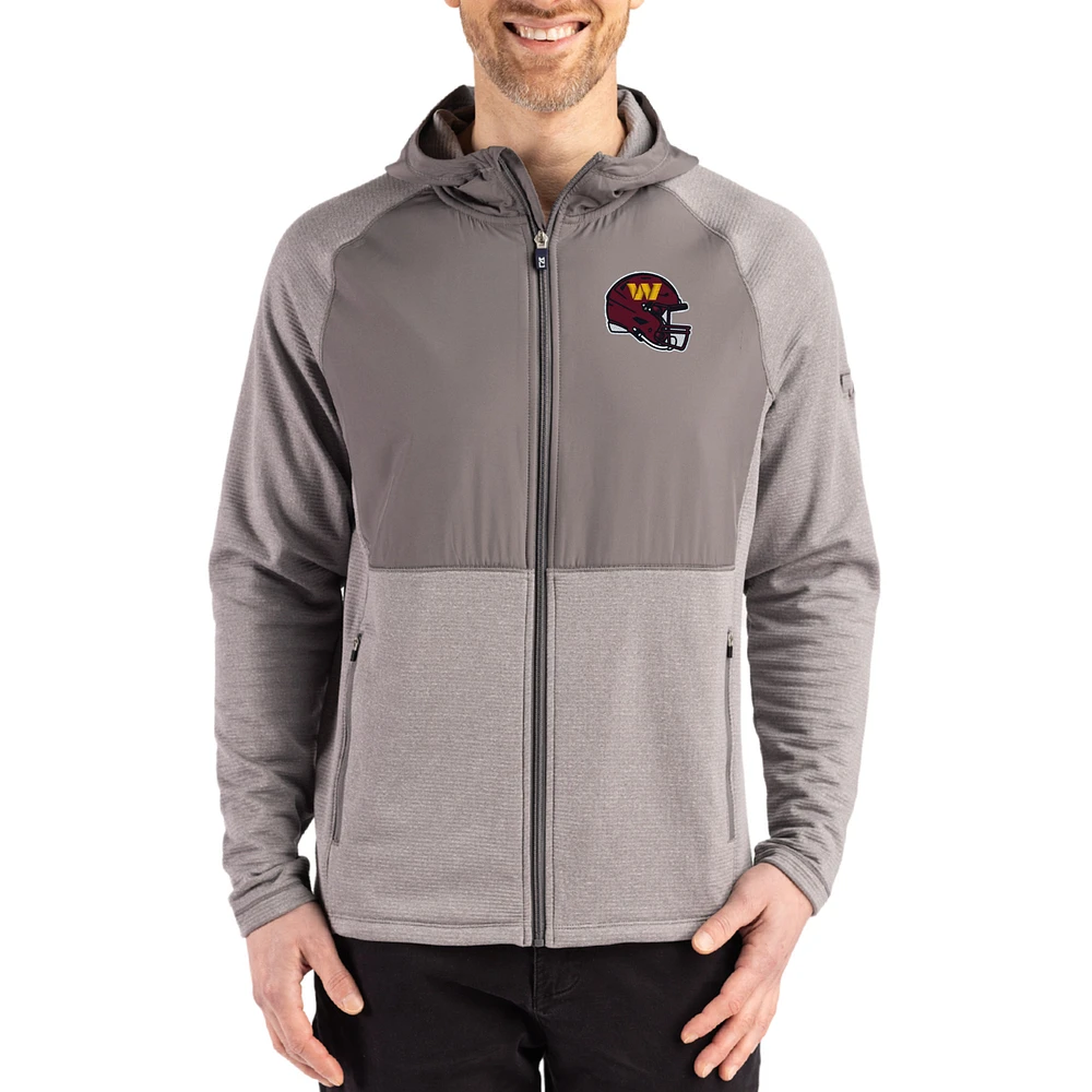 Men's Cutter & Buck Heather Gray Washington Commanders Peshastin Eco Fleece Recycled Raglan Full-Zip Tri-Blend Hybrid Jacket