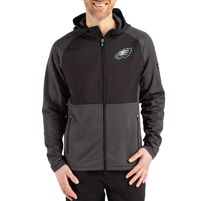 Men's Cutter & Buck  Heather Black Philadelphia Eagles Peshastin Eco Fleece Recycled Raglan Full-Zip Tri-Blend Hybrid Jacket