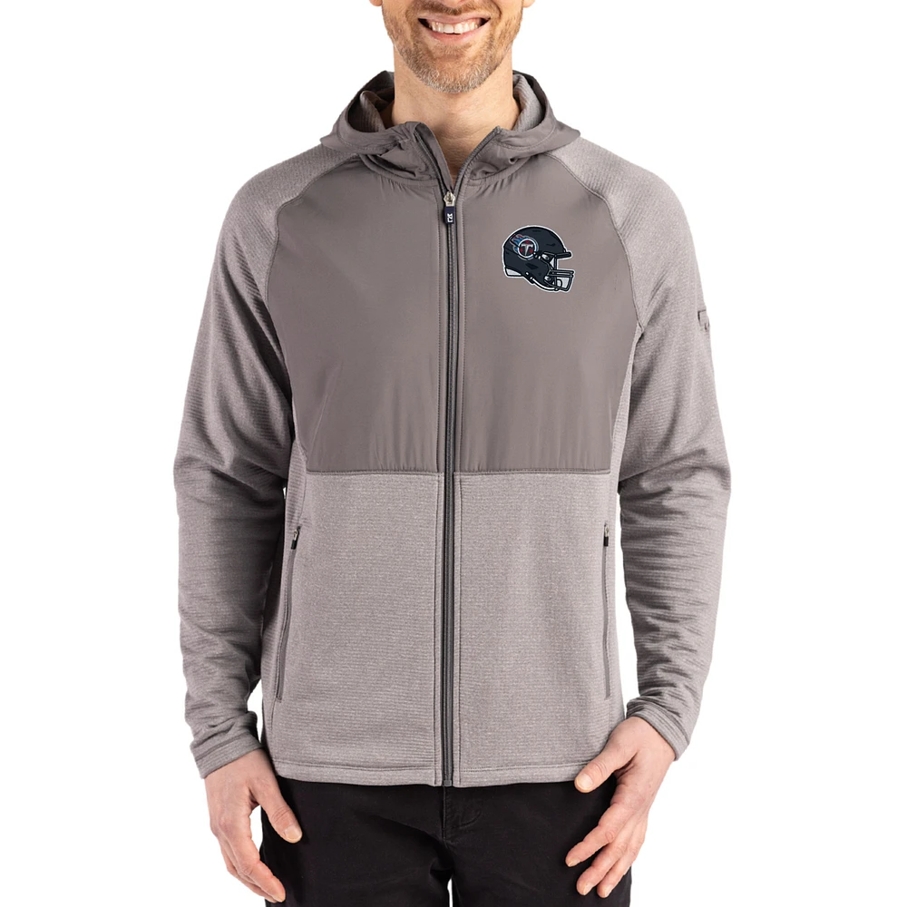 Men's Cutter & Buck Heather Gray Tennessee Titans Peshastin Eco Fleece Recycled Raglan Full-Zip Tri-Blend Hybrid Jacket