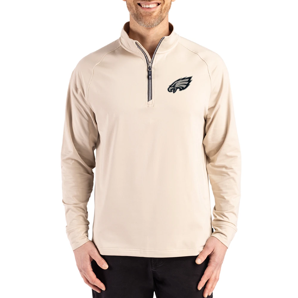 Men's Cutter & Buck Tan Philadelphia Eagles Adapt Eco Knit Stretch Recycled Quarter-Zip Pullover