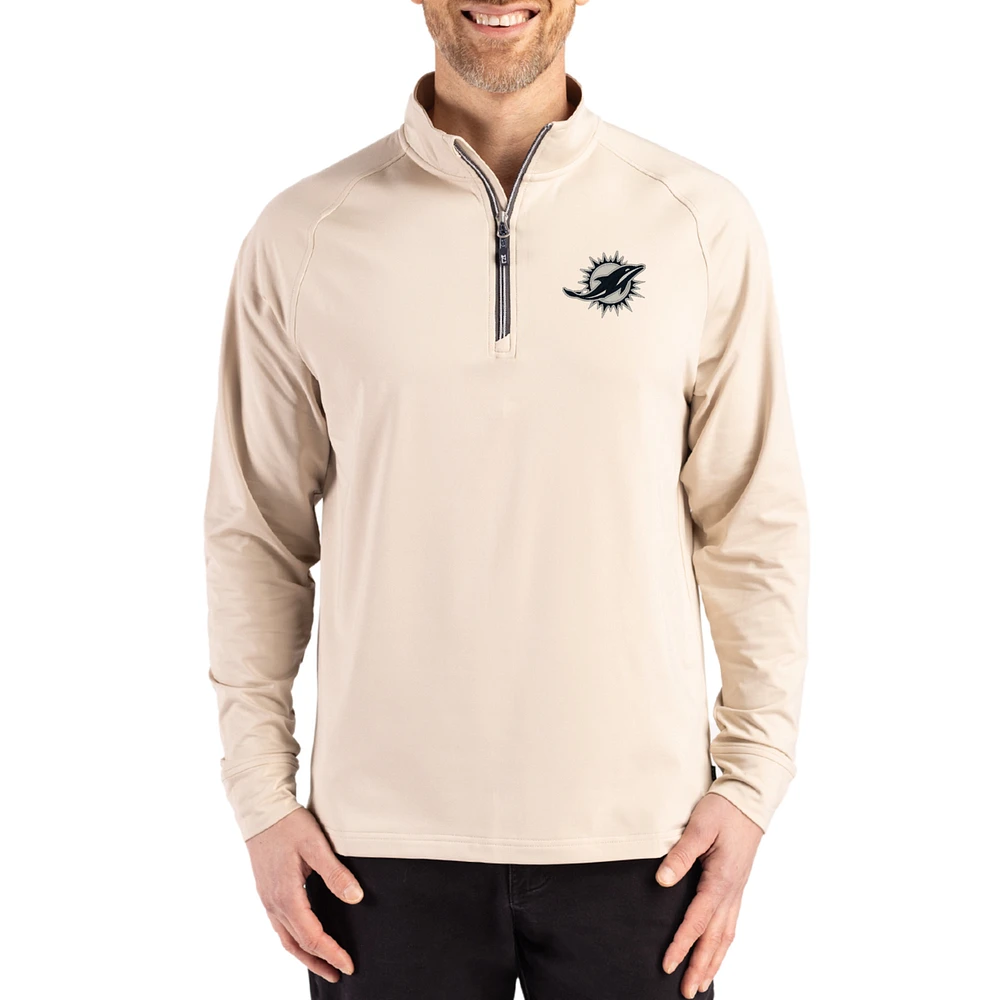 Men's Cutter & Buck Tan Miami Dolphins Adapt Eco Knit Stretch Recycled Quarter-Zip Pullover