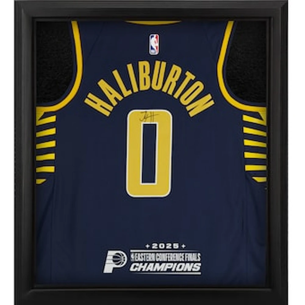Tyrese Haliburton Indiana Pacers Autographed Nike Navy Icon Swingman Jersey Shadowbox with 2025 NBA Eastern Conference Champions Logo
