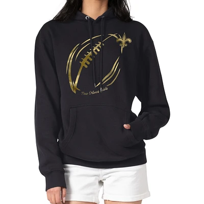 Women's G-III 4Her by Carl Banks Black New Orleans Saints Metallic Print Football Sketch Fleece Pullover Hoodie
