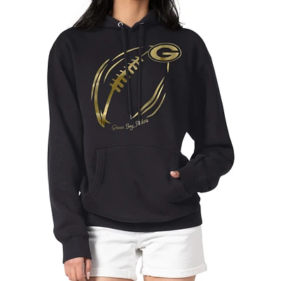 Women's G-III 4Her by Carl Banks Black Green Bay Packers Metallic Print Football Sketch Fleece Pullover Hoodie