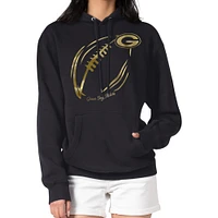 Women's G-III 4Her by Carl Banks Black Green Bay Packers Metallic Print Football Sketch Fleece Pullover Hoodie