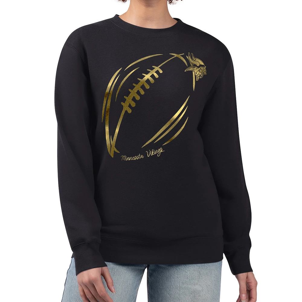 Women's G-III 4Her by Carl Banks Black Minnesota Vikings Metallic Print Football Sketch Fleece Crewneck Sweatshirt