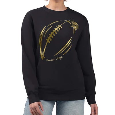 Women's G-III 4Her by Carl Banks Black Minnesota Vikings Metallic Print Football Sketch Fleece Crewneck Sweatshirt