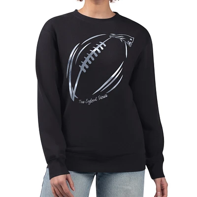 Women's G-III 4Her by Carl Banks Black New England Patriots Metallic Print Football Sketch Fleece Crewneck Sweatshirt