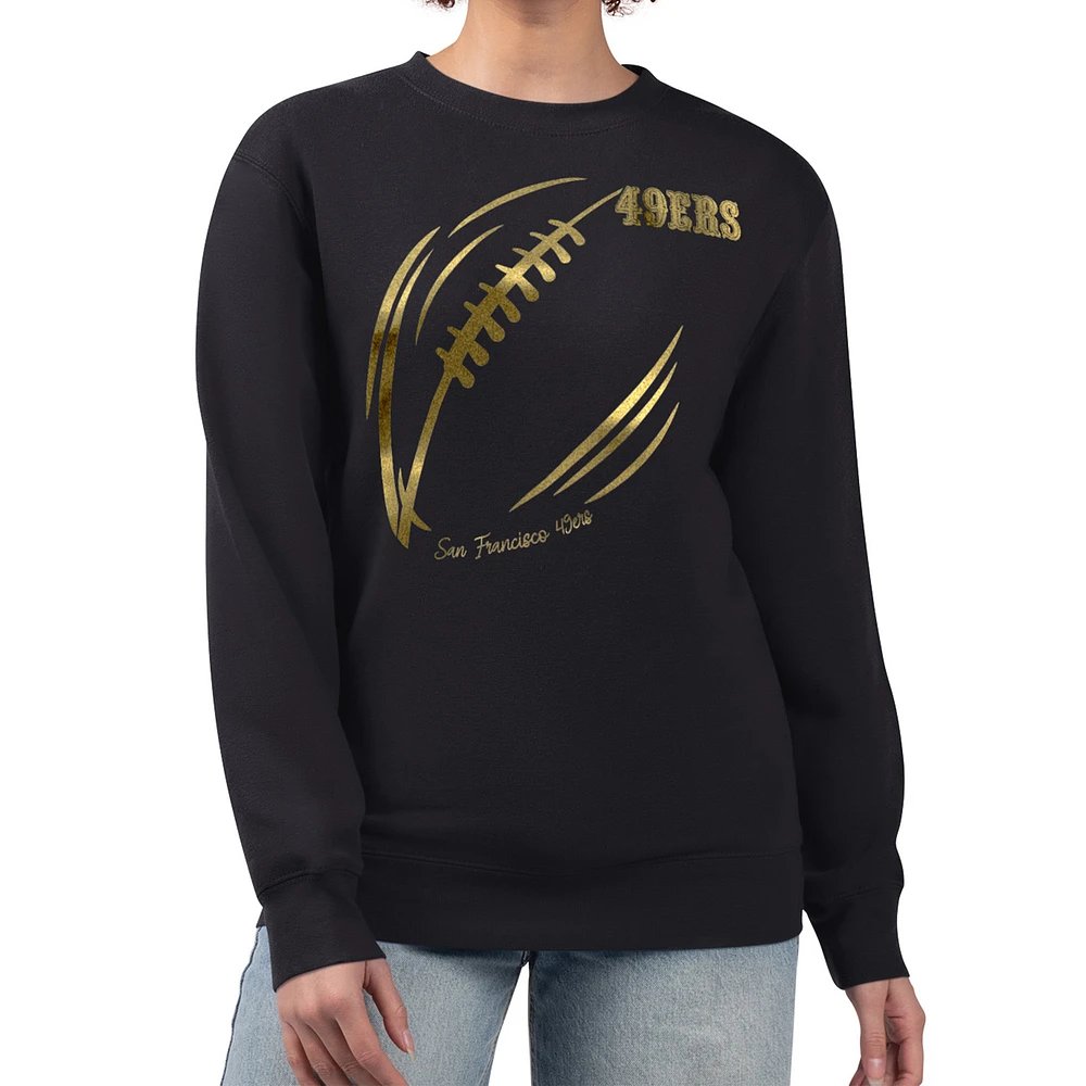 Women's G-III 4Her by Carl Banks Black San Francisco 49ers Metallic Print Football Sketch Fleece Crewneck Sweatshirt