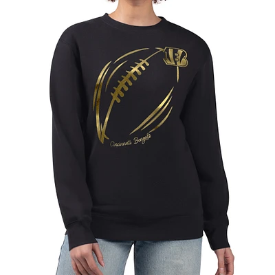 Women's G-III 4Her by Carl Banks Black Cincinnati Bengals Metallic Print Football Sketch Fleece Crewneck Sweatshirt