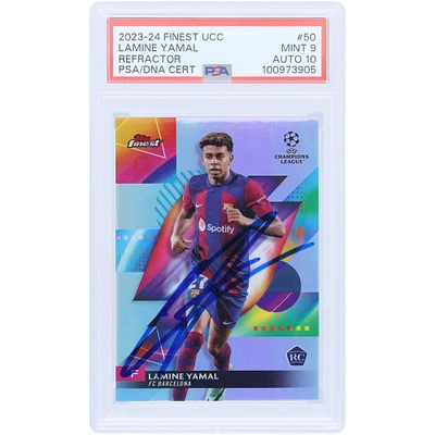 Lamine Yamal Barcelona Autographed 2023-24 Topps Finest UCC Refractor #50 PSA Authenticated 9/10 Rookie Card